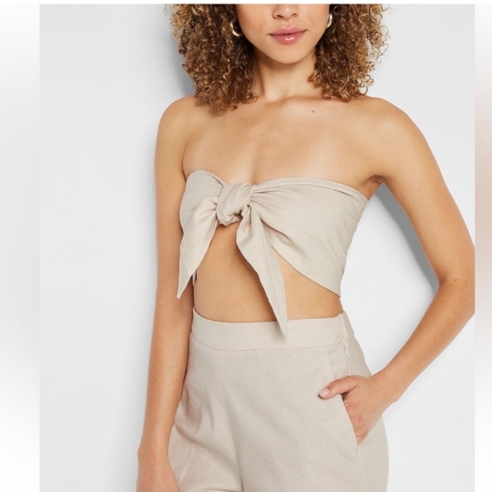 Express Beige Strapless Bow Blouse - Picture 2 of 7